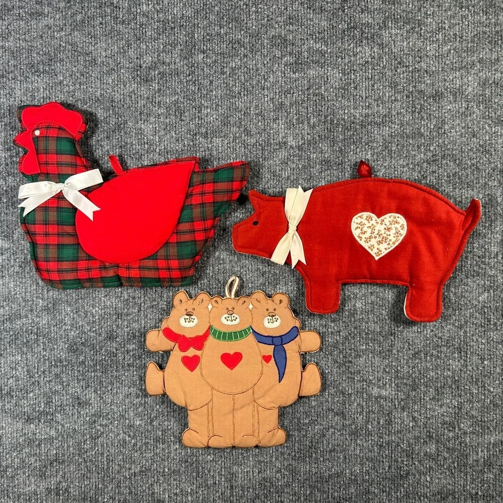 Grandmacore Vintage Farm Pot Holder Chicken Pig Quilted Lot 3 Cottage Christmas